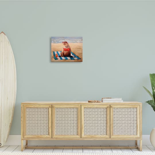 Stupell Industries Polka Dot Bikini Sea Lion Tropical Drink Beach Scene Canvas Wall Art